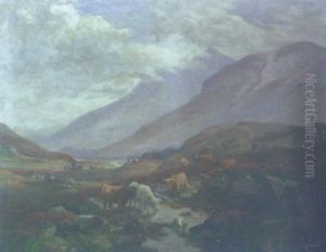 Cattle Watering In A Highland River Valley by William Greaves