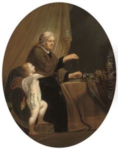 An Old Woman Weighing Gold, Cupid By Her Side