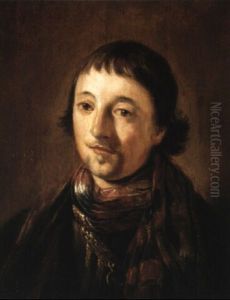 Portrait Of A Young Man Wearing A Red And Blue Patterned Scarf