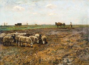Schafherde Vor Pflugendem Bauer by Fritz Grebe