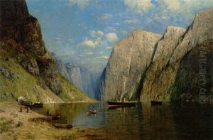 Dampskibe Og Robade Pa En Norsk Fjord by Fritz Grebe
