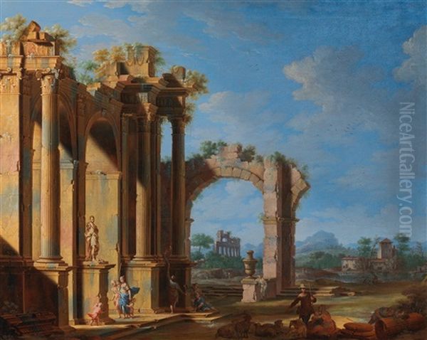 A Pair Of Antique Architectural Capriccios With Numerous Figures - view 1