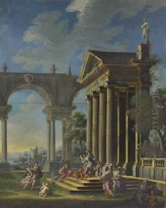 Allegorical Figures Outside A Temple Facade by Gennaro Greco