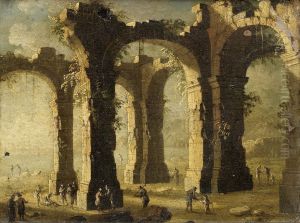 Figures In An Architectural Capriccio by Gennaro Greco