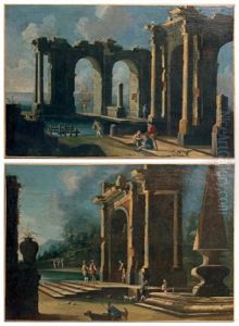 Paire De Scenes De Ports Mediterraneens En Ruines (pair) Paire De Scenes De Ports Mediterraneens En Ruines (pair)