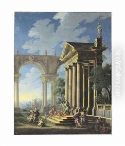 An Allegorical Scene Outside A Temple Facade