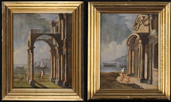 Marina Con Portico E Figure (+ Marina Con Ingresso Colonnato E Figure; Pair) - view 1