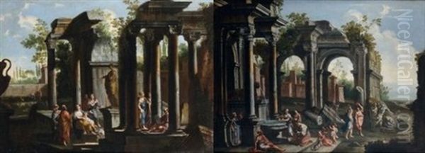 Personnages Pres D'une Fontaine Dans Des Ruines Antiques (+ Personnages Au Pied D'une Statue Dans Des Ruines Antiques; Pair) - view 1