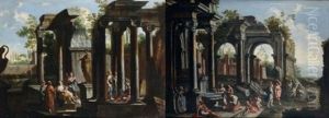 Personnages Pres D'une Fontaine Dans Des Ruines Antiques (+ Personnages Au Pied D'une Statue Dans Des Ruines Antiques; Pair) by Gennaro Greco
