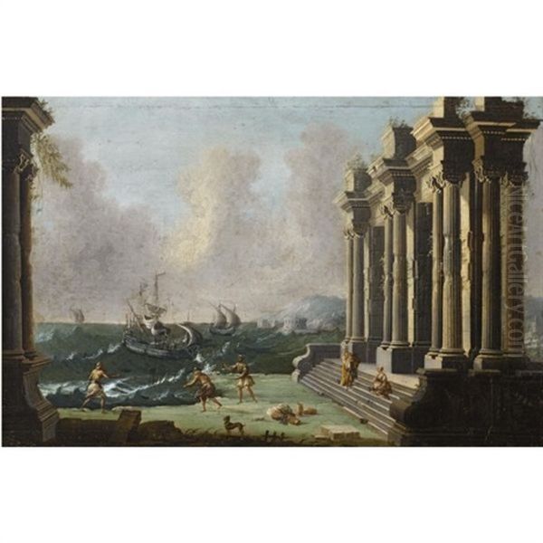 An Architectural Capriccio With Figures Amidst Classical Ruins, Shipping In Stormy Waters Beyond - view 1