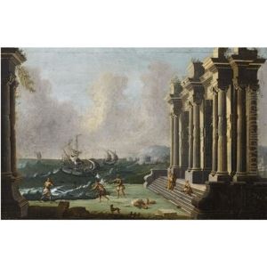 An Architectural Capriccio With Figures Amidst Classical Ruins, Shipping In Stormy Waters Beyond by Gennaro Greco