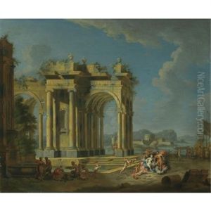An Architectural Capriccio With Bacchus And Ariadne by Gennaro Greco