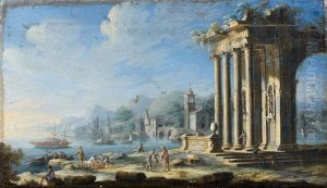 Italianate Coastal Landscapes With Figures By Classical Ruins And Shipping Off The Shore by Gennaro Greco