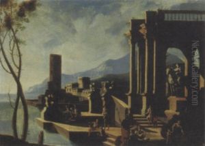Architetture Classiche Con Sculture Antiche, Astanti E Citta Fortificata In Lontananza by Gennaro Greco