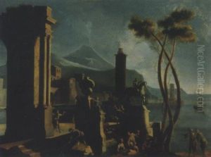 Rovine Classiche Presso La Riva Con Sculture E Astanti Ed Il Vesuvio In Lontananza by Gennaro Greco