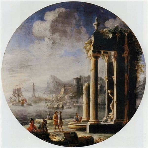 A Capriccio Of Architectural Ruins With Figures By A Fountain, A Dutch Frigate And Other Shipping In A Bay Beyond - view 1