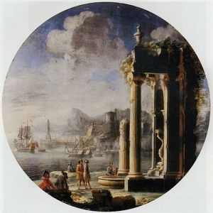 A Capriccio Of Architectural Ruins With Figures By A Fountain, A Dutch Frigate And Other Shipping In A Bay Beyond by Gennaro Greco
