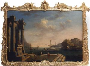 A Mediterranean Harbour With Stevedores And A Fisherman On A Quay Before A Ruined Temple, Shipping Moored Beyond