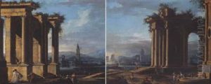 A Capriccio Scene Of A Harbour, With Figures Beside A Fountain A Capriccio Scene Of A Harbour, With Figures Beside A Fountain