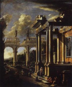 Loggiato Ionico Parzialmente Diruto Ed Arcate Ioniche Con Statue Presso Un Paesaggio Fluviale Loggiato Ionico Parzialmente Diruto Ed Arcate Ioniche Con Statue Presso Un Paesaggio Fluviale