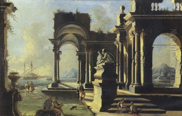 Capriccio Architettonico Di Un Loggiato Di Ordine Corinzio Presso Una Costa Mediterranea, Con Una Statua Antica Su Alto Basamento, Un Pittore Al Lavoro Ed Astanti Vari - view 1