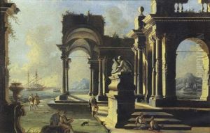 Capriccio Architettonico Di Un Loggiato Di Ordine Corinzio Presso Una Costa Mediterranea, Con Una Statua Antica Su Alto Basamento, Un Pittore Al Lavoro Ed Astanti Vari by Gennaro Greco