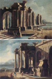 Architectural Capriccio With Figures By A Fountain by Gennaro Greco
