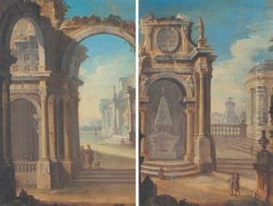 An Architechtural Capriccio With Figures Conversing Under An Archway