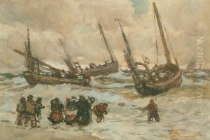 Fishing Boats And Figures On The North Atlantic Coast by Joseph Richard Bagshawe