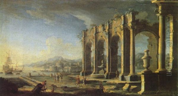 A Mediterranean Harbour With Figures Beside Ruins, A Fortified Town And Sailing Vessels Beyond - view 1