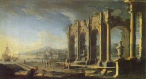 A Mediterranean Harbour With Figures Beside Ruins, A Fortified Town And Sailing Vessels Beyond by Gennaro Greco