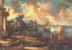 Mediterranean Port Scene With Figures Amongst Classical Ruins by Gennaro Greco