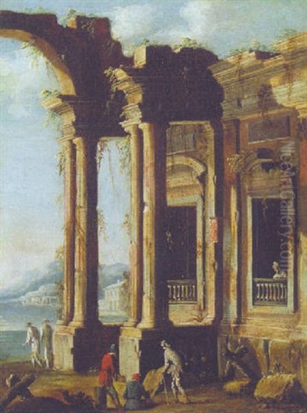 Figures By Classical Ruins On A Shoreline - view 1