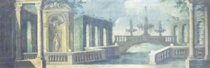 Capriccio: Un Giardino Fantastico Intorno Ad Un Corso D'acqua Con Tre Fontane Ed Una Statua In Una Nicchia by Gennaro Greco