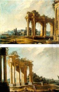 Classical Ruins With A Fountain Near A Bay Sunset Classical Ruins With A Fountain Near A Bay Sunset