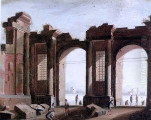 A Capriccio View Of Peasants And Stevedores Amid Ruins With A Bay And Mountains Beyond