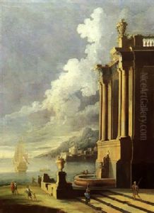 Veduta Ideata Con Palazzo In Prospettiva, Fontana A Destra E Marina A Sinistra by Gennaro Greco