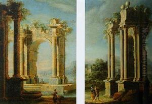 Architectural Capriccio With Travellers By Classical Ruins by Gennaro Greco