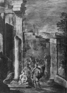 Soldiers Among Ruins In An Italianate Landscape by Gennaro Greco