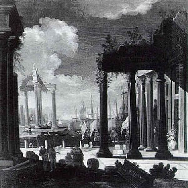 Ships At Harbor In A Meditarranean Port With Classical Ruins - view 1
