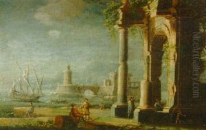 Mediterranean Harbor Scene With Figures Near Ruins by Gennaro Greco