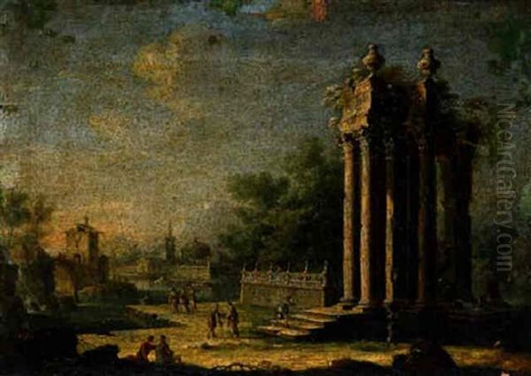 River Landscape With Figures Among Classical Ruins - view 1