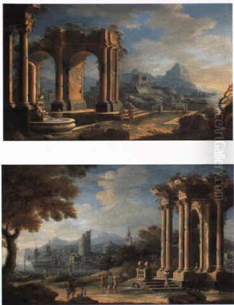 Italianate Landscape With Peasants Resting By Classical Ruins And Fountains - view 1
