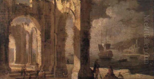 A Capriccio Of A Classical Ruin With Peasants Overlooking A Coastal Inlet - view 1