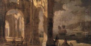 A Capriccio Of A Classical Ruin With Peasants Overlooking A Coastal Inlet by Gennaro Greco