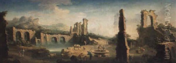 An Extensive River Landscape With Herdsmen And Cattle Among Ruins - view 1