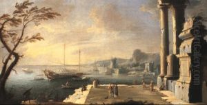 Mediterranean Coastal Scene With A Galley Approaching A Harbour
