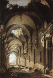 Nymphs Bathing Beneath The Ruins Of A Classical Palace by Gennaro Greco