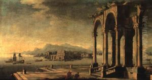 Capriccio View Of Vessels Outside A Mediterranean Port by Gennaro Greco