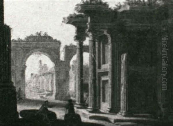 Figures Sitting On Fragments Of Masonary Before Classical Ruins - view 1